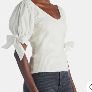 ANTHROPOLOGIE MAEVE white top sz Large. Knit ribbed bodice, cotton sleeves, ties